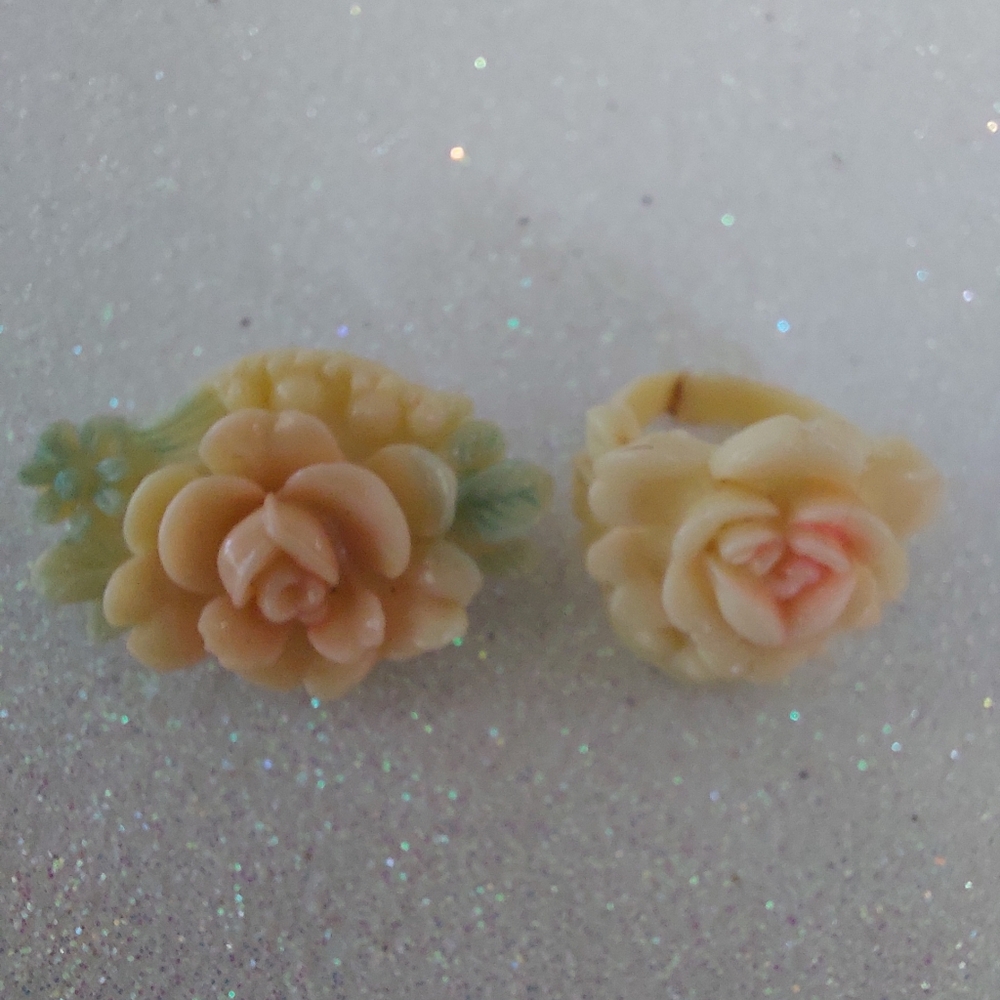 Vintages Celluloid Rose Carved Tiny Ring And Brooch, Lot Of Two Pieces